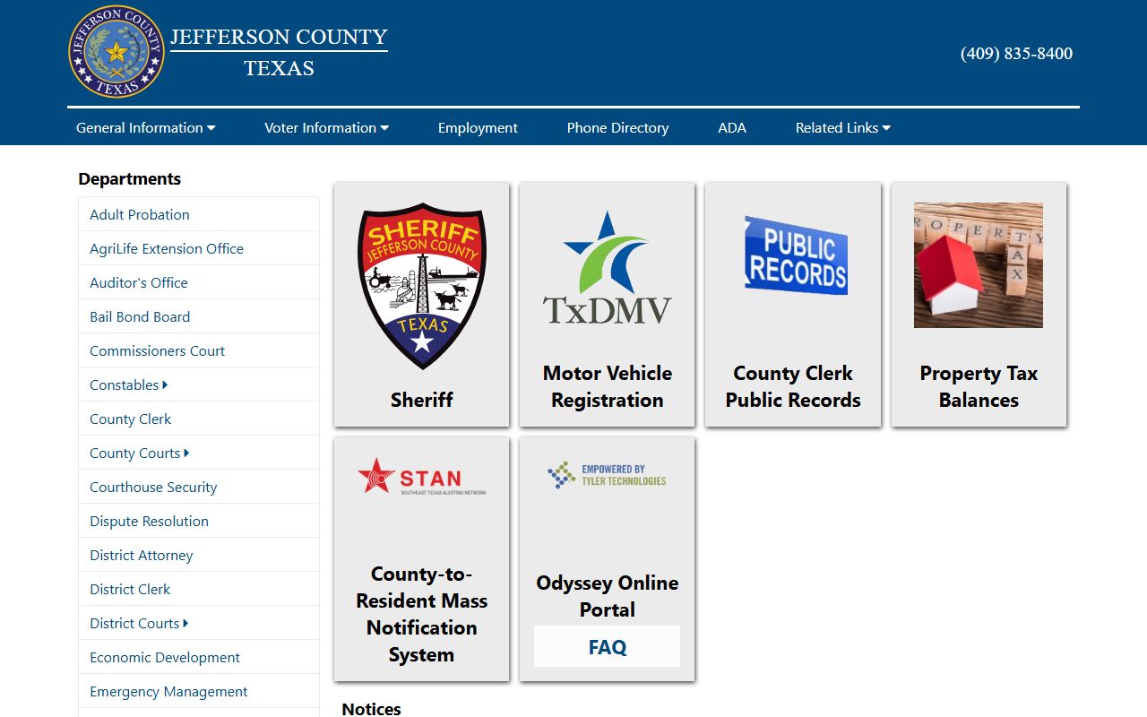 Jefferson County homepage with courts, clerk, and court records links