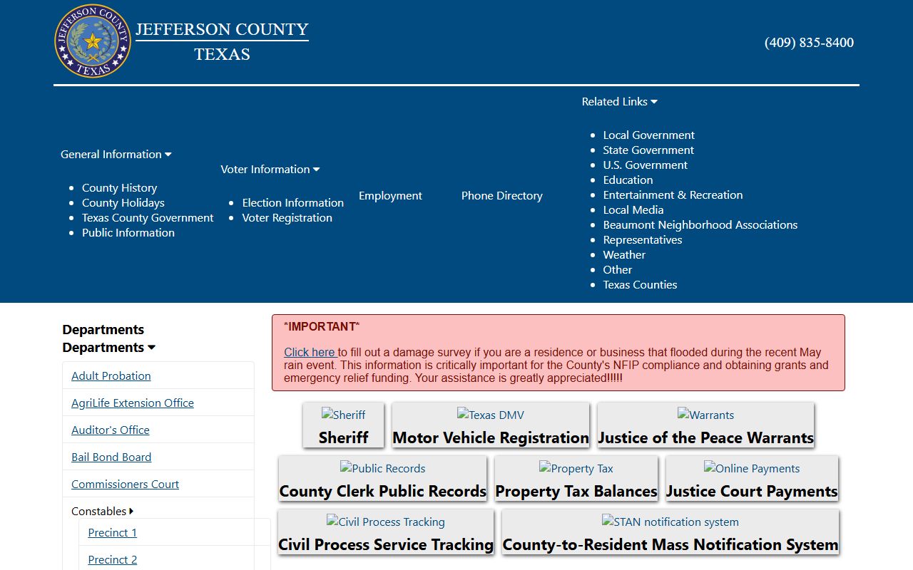 Jefferson County District Clerk homepage with civil, criminal, family, and e-filing links