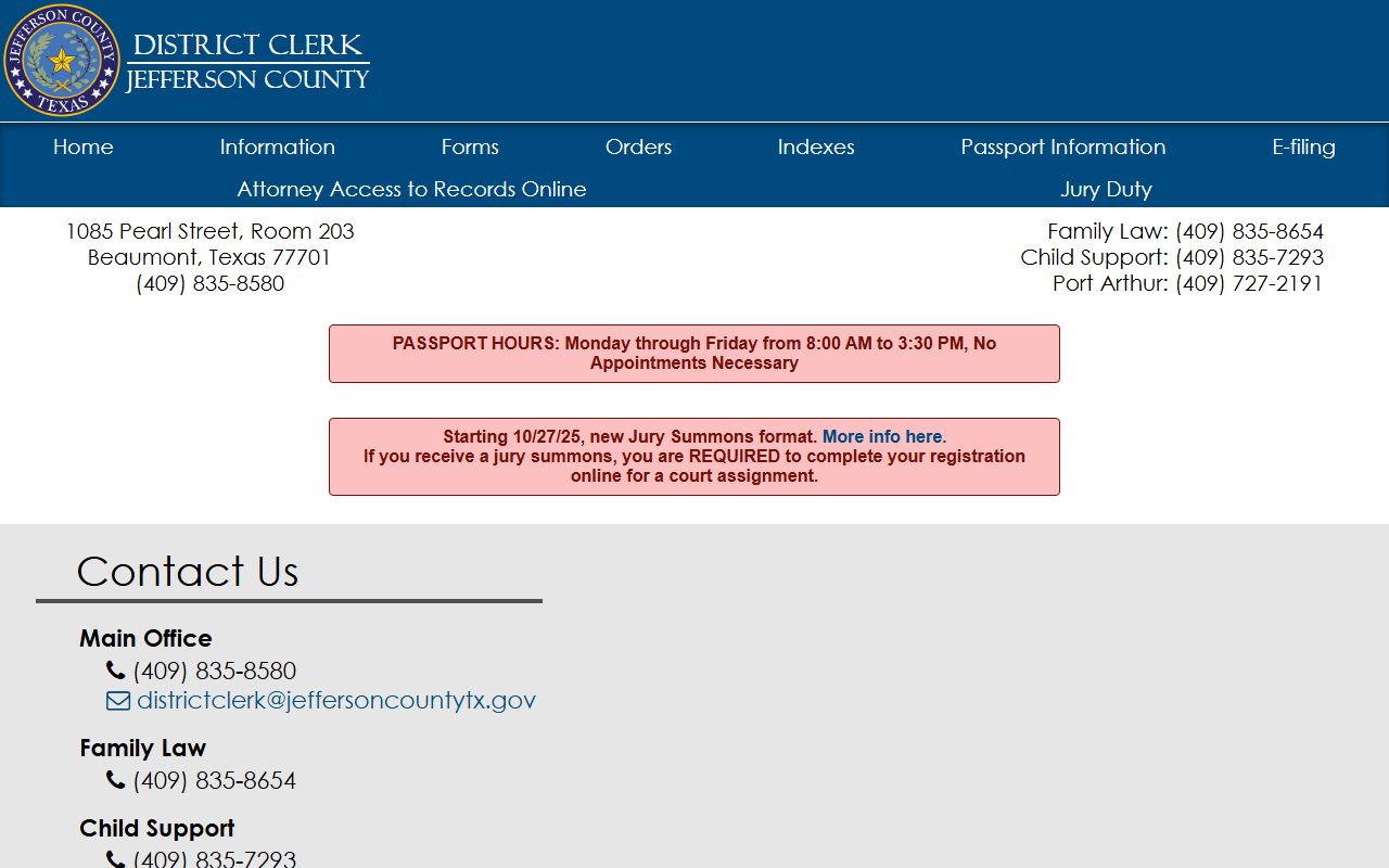 Jefferson County District Clerk contact page with address, phone, family law, child support, and Port Arthur lines