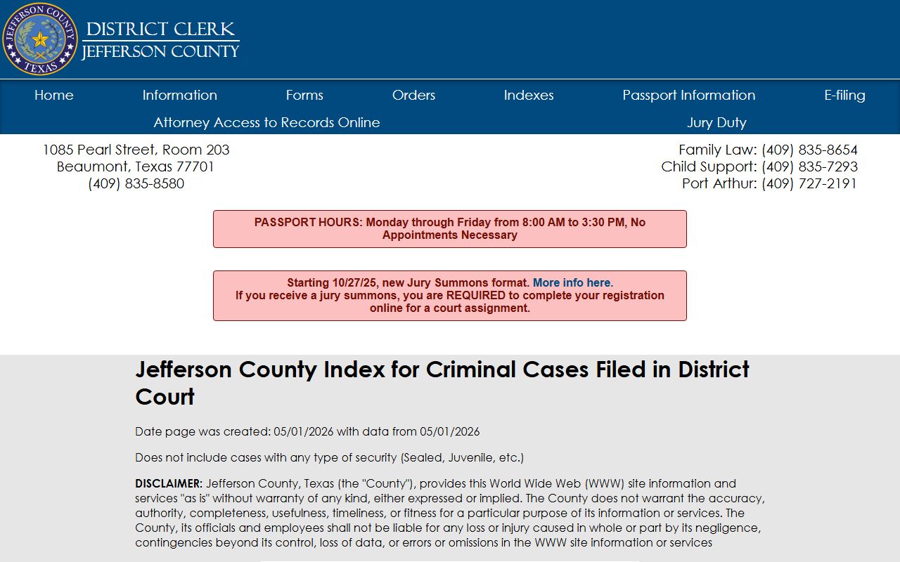Jefferson County District Clerk criminal index landing page