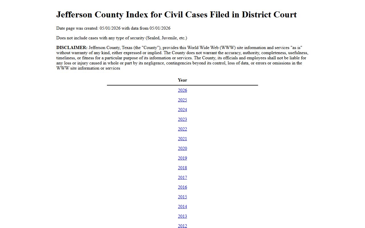 Jefferson County District Clerk civil court records index by year