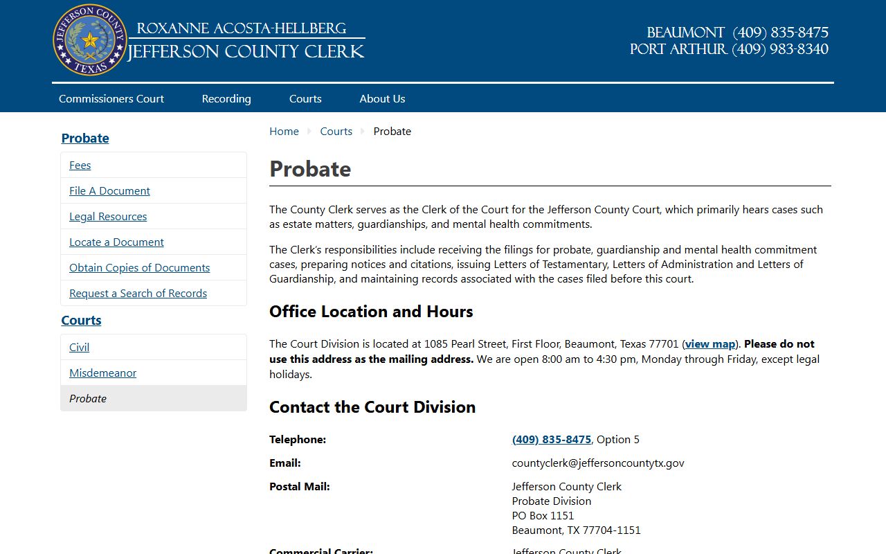 Jefferson County Clerk probate page with estates, guardianships, and mental health filings