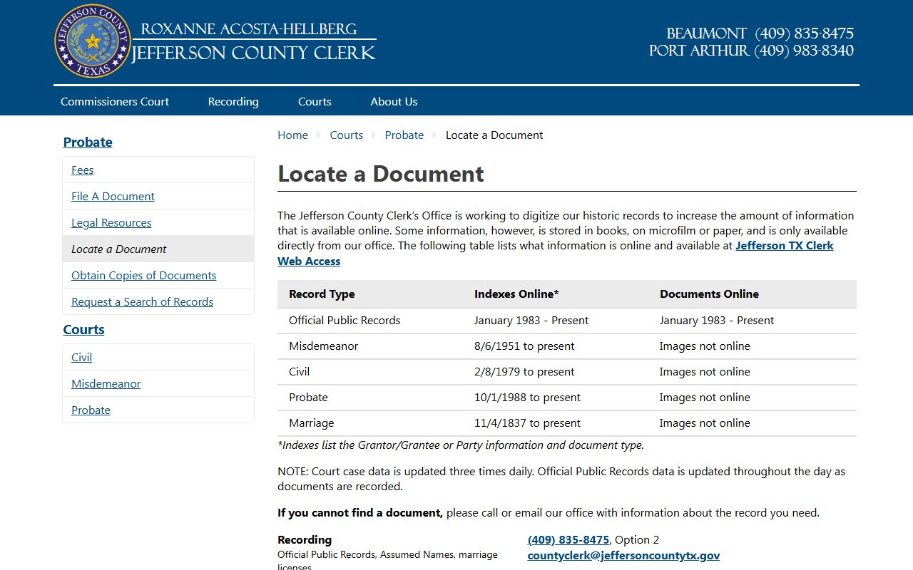 Jefferson County Clerk locate a document page with court record coverage dates