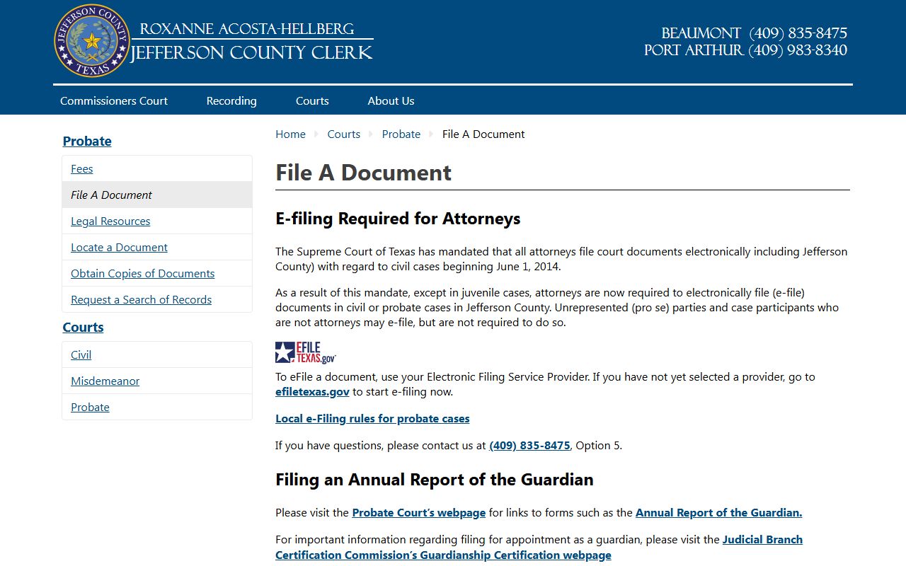 Jefferson County probate e-filing instructions and guardian annual report guidance