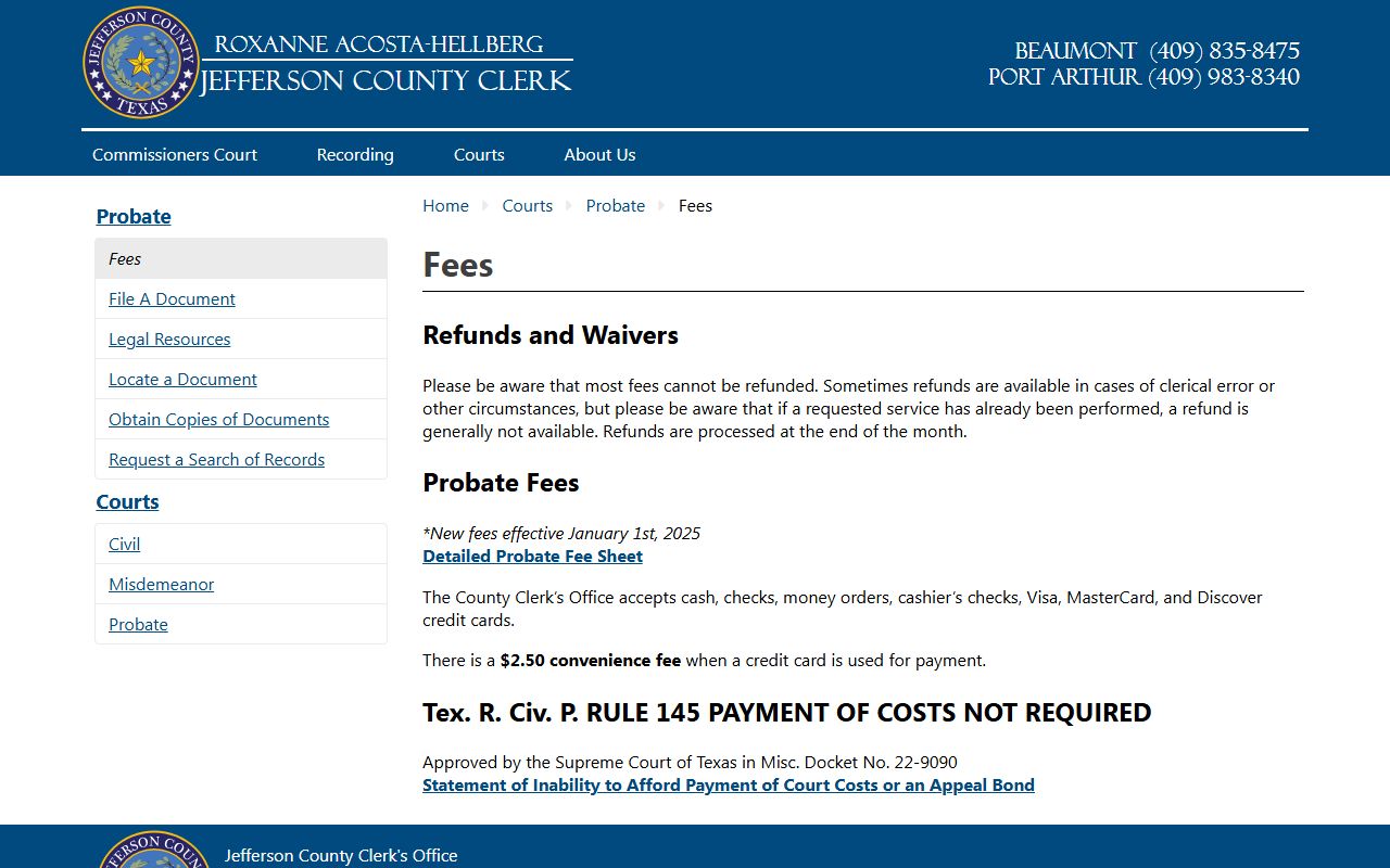 Jefferson County probate fee page with payment methods and convenience fee