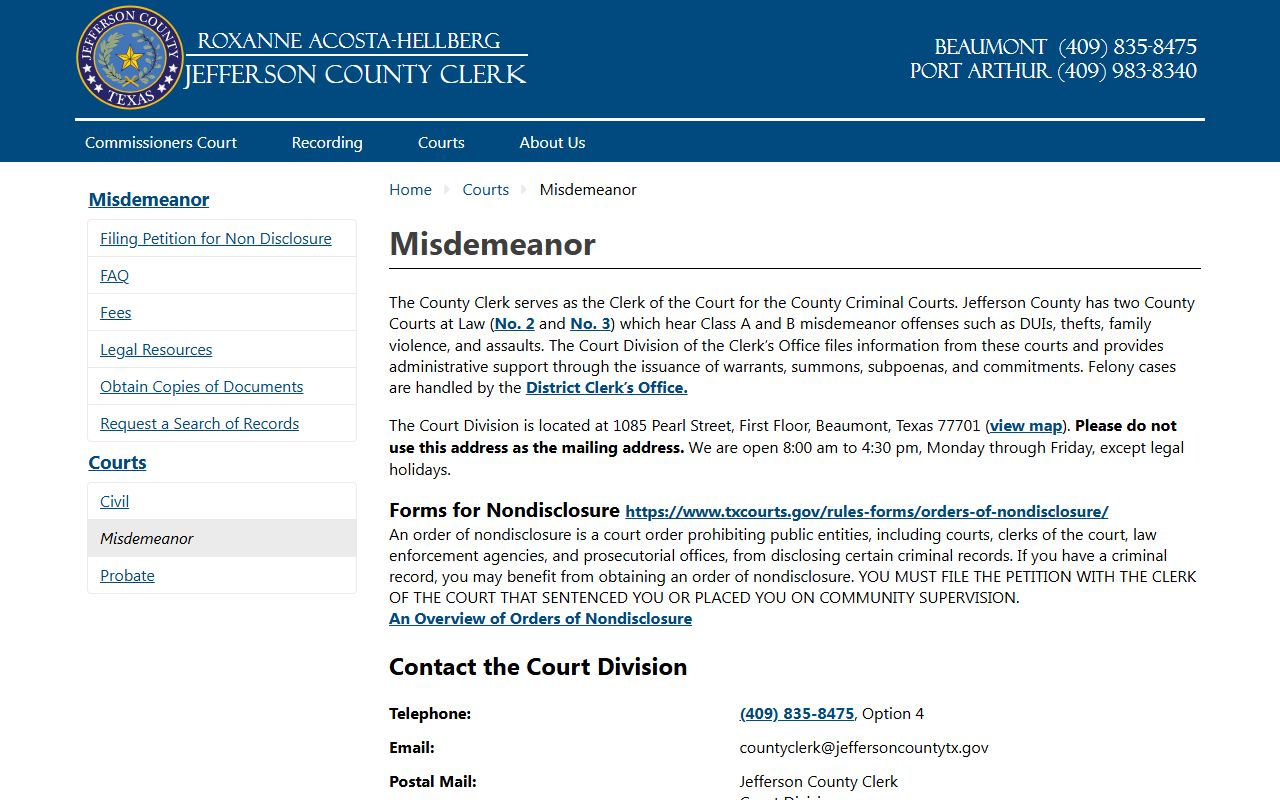 Jefferson County Clerk misdemeanor page for County Courts at Law
