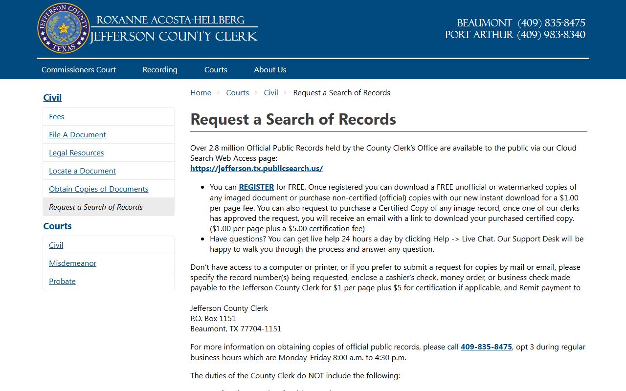 Jefferson County Clerk records search and copy request page with Cloud Search and certified copies