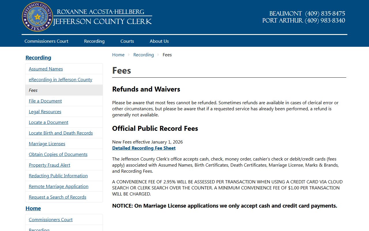Jefferson County Clerk recording fee page with payment methods and 2026 fee link