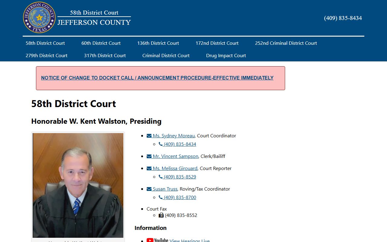 58th District Court official page with Jefferson County civil docket links