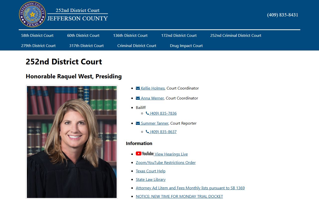 252nd District Court page with Jefferson County criminal court dockets