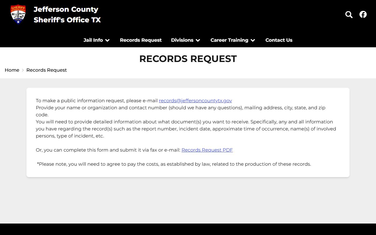 Jefferson County Sheriff records request page for public information